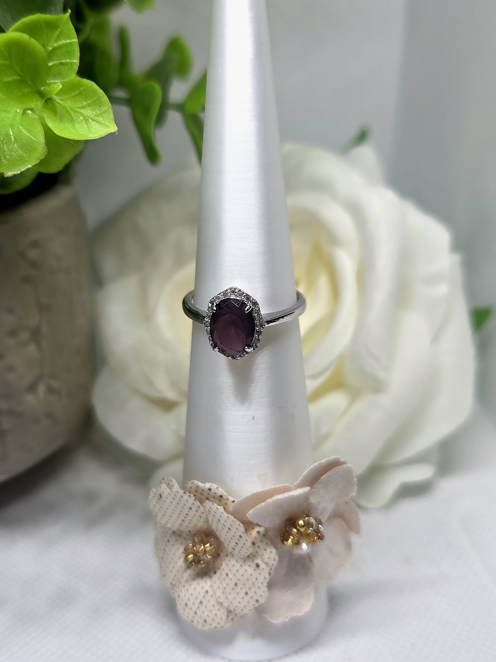 BP Purple Oval Halo Ring On Rhodium Plating